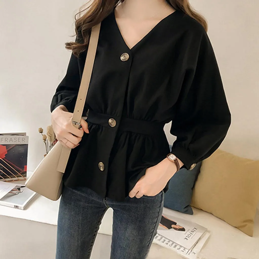 Модная женская рубашка коллекция талии длинный рукав v-образный вырез с пышными рукавами Корейская версия roupas femininas#30
