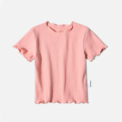 Однотонная Базовая рубашка для маленьких девочек; летние детские топы с короткими рукавами; детская повседневная одежда; полосатая блузка в рубчик; футболки - Цвет: Orange pink