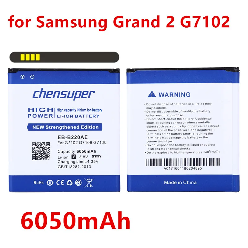 EB-B220AC EB-B220AE Батарея 6050 ма-ч для samsung Galaxy Grand2 G7108 G7102 G7109 I9295 i9507V EB-B220AE G7106 Grand 2 Батарея