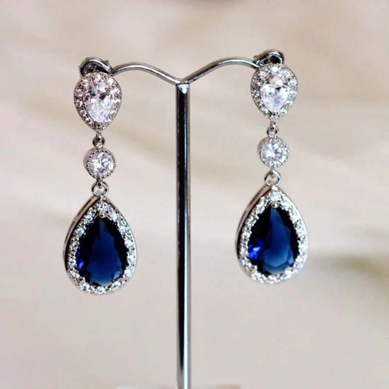 

Classic Blue Stone Water Drop Earrings For Women Wedding Jewelry Silver Color Cubic Zirconia Trend Dangle Earring Brincos Y4Q456