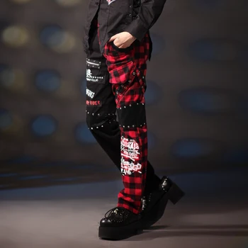 

2019 new men's clothing rock punk alphabet plaid trousers European and American personality straight pants singer costumes