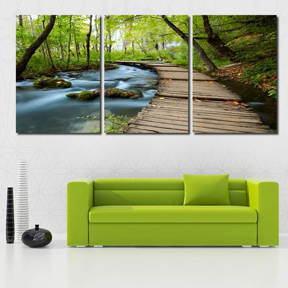 For Living Room Modern HD Printed Pictures 3 Panel Forest Small Streams Wall Art Home Decoration Frame Canvas Painting Poster