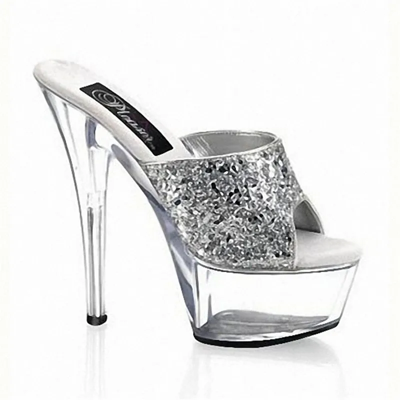 

Summer Silver 15CM High Heels Platform Sexy Night Club Wedding Party Slippers Dancing Shoes Women Pole Slippers