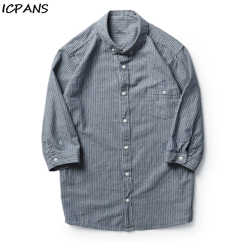

ICPANS Summer Casual Shirt Men's Clothes Three Quarter Japan Style 100% Cotton Stripes Shirt For Men 2019 Summer