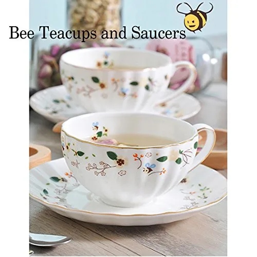 Flower Bee Tea Cups and Saucers, Coffee Bone China Mug 1 Set (1 Cup and 1plate)06