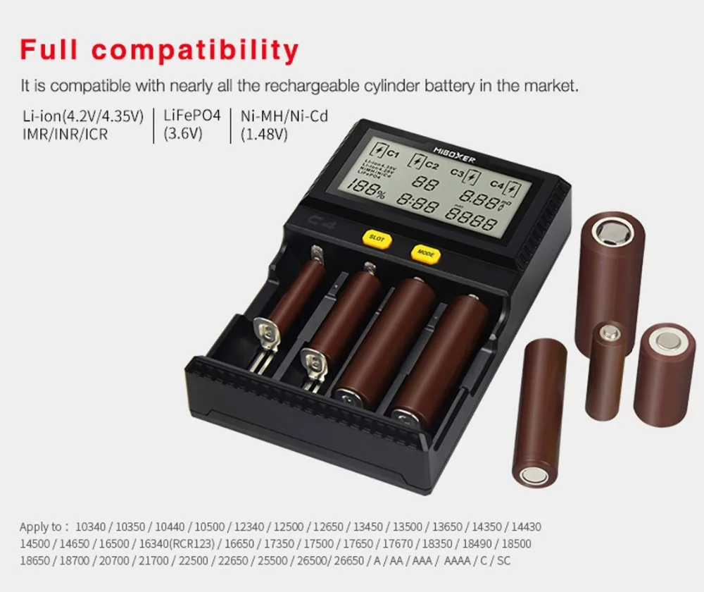 ЖК Смарт зарядное устройство 100-800 мАч 1.5A для литий-ионных IMR ICR LiFePO4 18650 14500 26650 21700 AAA батареи Milight Miboxer C4