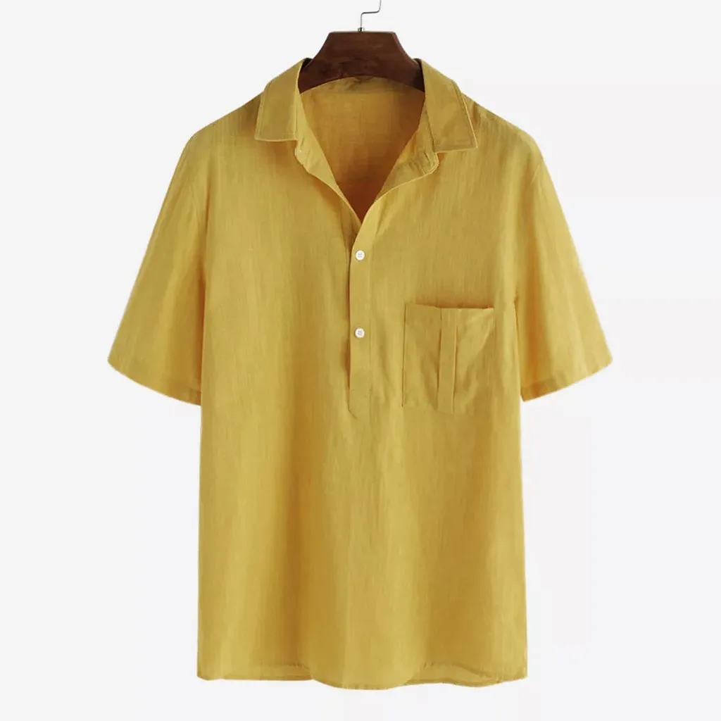 Хлопковая льняная рубашка Мужская Летняя Повседневная мужская рубашка с коротким рукавом Social Swag Мужская рубашка облегающая модная одежда желтый черный
