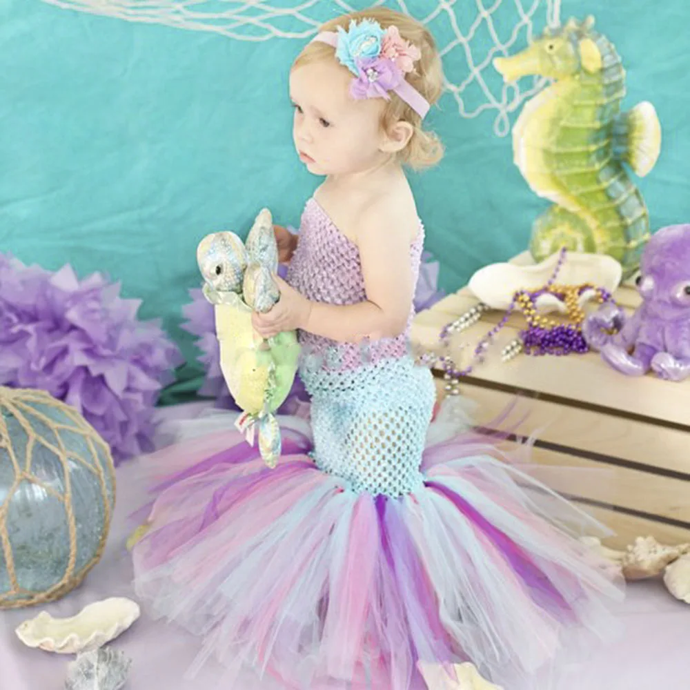 Sea Princess Ariel Dress Patchwork Polyester Top Tulle Tutu Fishtail Toddler Girl Dress Kids Baby Ariel Little Mermaid Clothes (2)