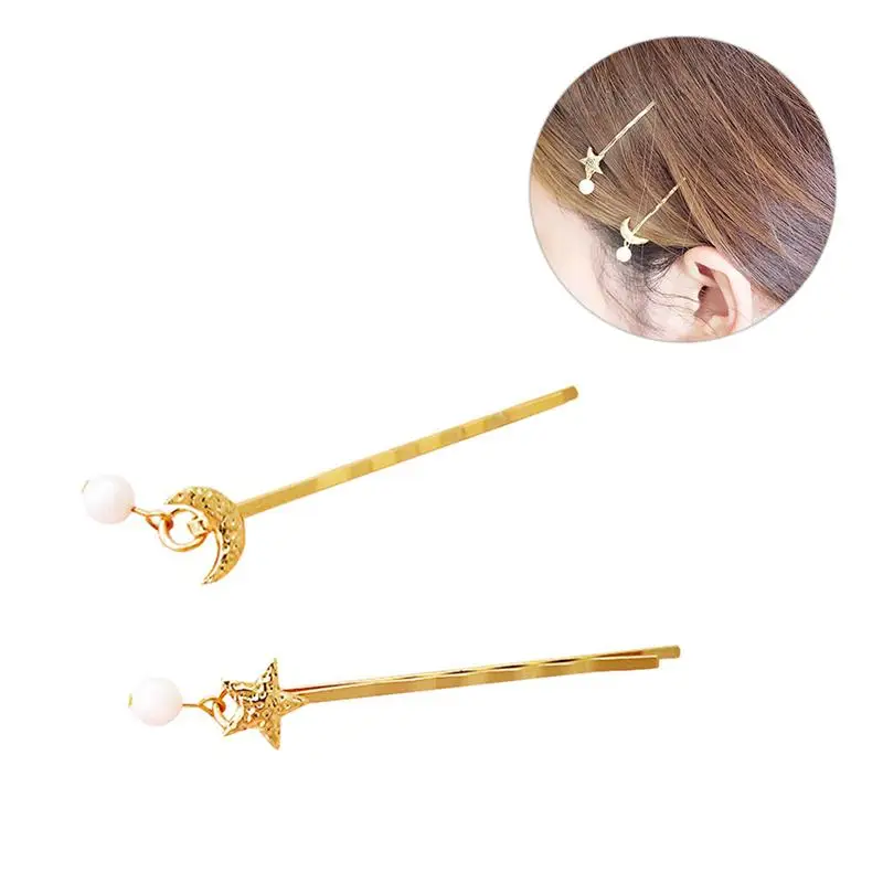 

2pcs/Pair Creative Hair Clips Star And Moon Pearl Hairpins Barrettes Hair Jewelry For Women Girls Hair Styling (Star, Moon)