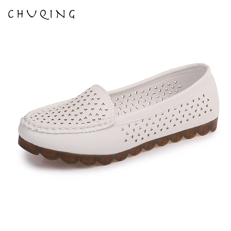 

CHUQING Summer Hollow Ladies Fashion Beef Tendon Bottom Non-slip Leather Women's Shoes White Nurse Shoes