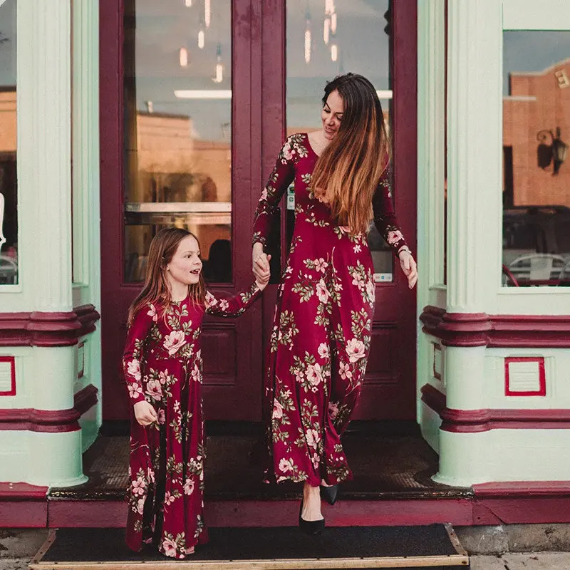 Mother-daughter-dresses-Wine-Floral-Long-Vestidos-Mother-and-daughter-clothes-Mom-and-daughter-dress-Family (1)