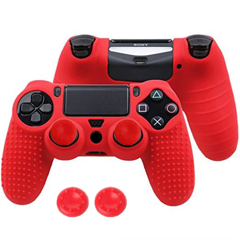 Мягкий Противоскользящий силиконовый чехол+ 2 джойстика для контроллера Dualshock 4 PS4 - Цвет: Красный