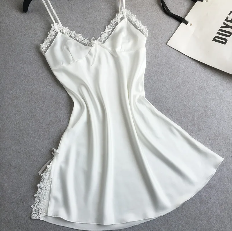 Женская сексуальная шелковая атласная ночная рубашка, кружевная ночная рубашка без рукавов, ночная рубашка с v-образным вырезом, летнее Ночное платье, ночная рубашка для женщин - Цвет: White