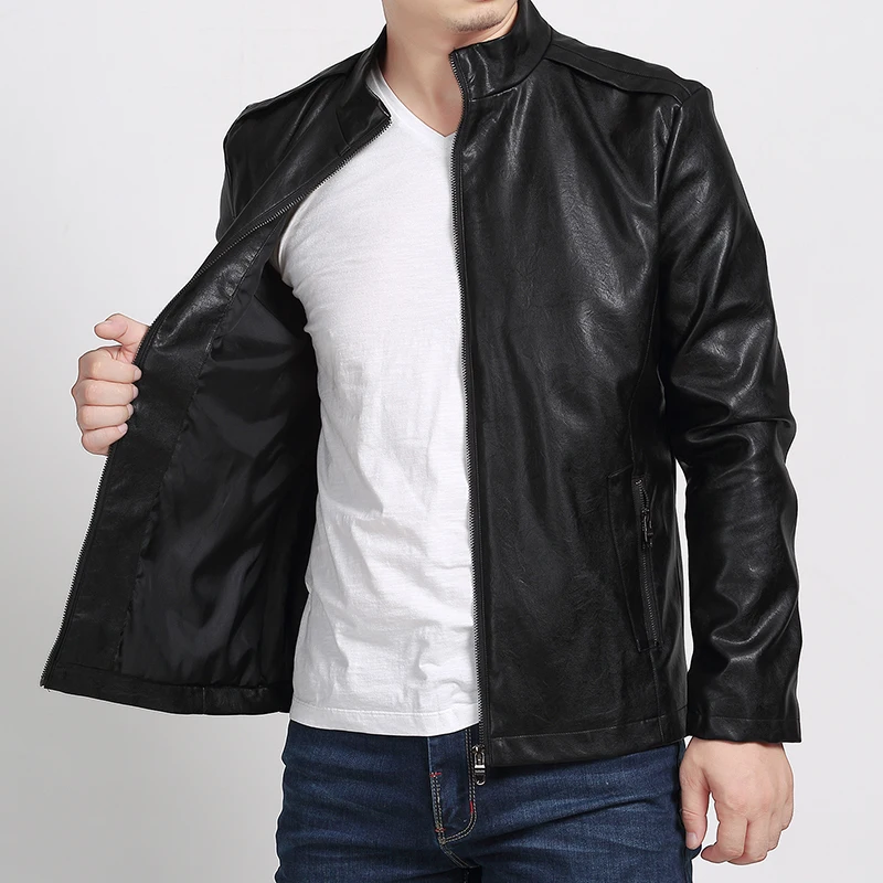 New 2017 PU Leather Jacket Men Black Solid Mens Faux Fur Coats Trend