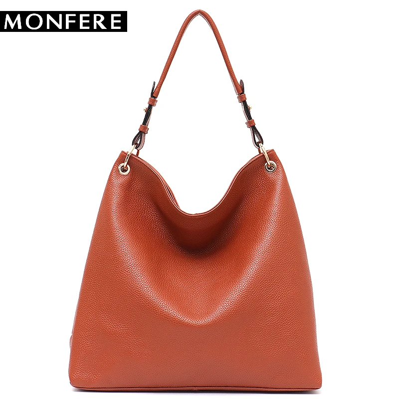 MONFERE Genuine Leather Hobo Bags Women Large Soft Cow Leather Shoulder&Messenger Bag Female ...