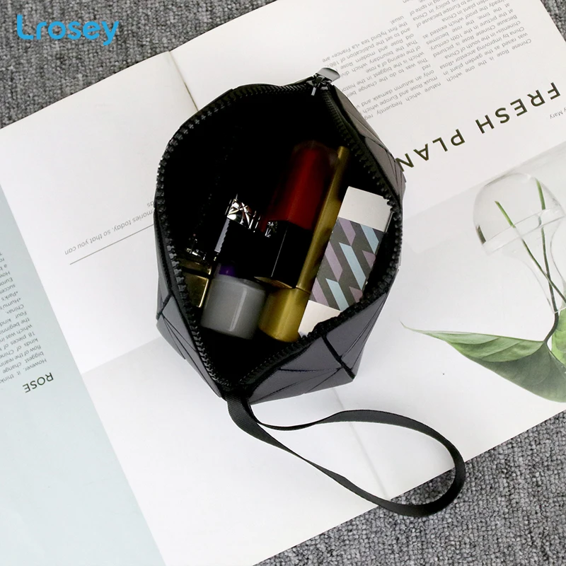 Fashion folding makeup organizers geometric rhombic colorful luminous waterproof bags small handbag female travel cosmetic bag