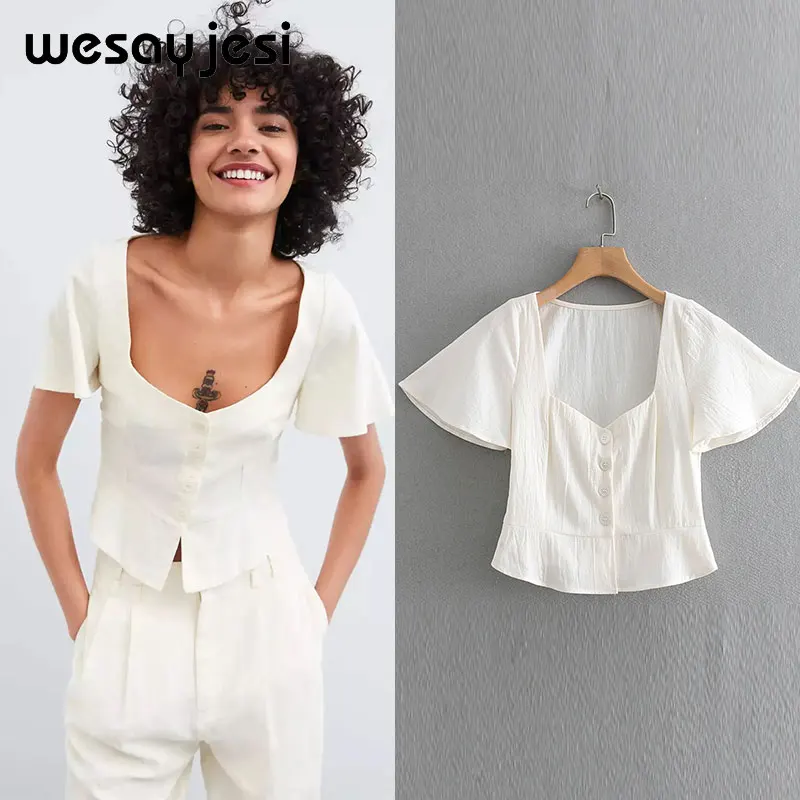 

2019 womens tops and blouses england style solid blouse short sleeve square collar regular streetwear women tops blouse women