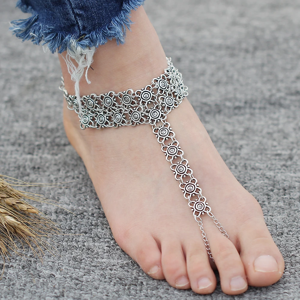 TTO Anklets pcs New Bohemian Vintage Flower Anklets for Women Silver Color Barefoot Sandals Ankle Bracelet Enkelbandje Chaine Cheville 1 PCs TTO Anklets pcs New Bohemian Vintage Flower Anklets for Women Silver Color Barefoot Sandals Ankle Bracelet Enkelbandje Chaine Cheville 1 PCs