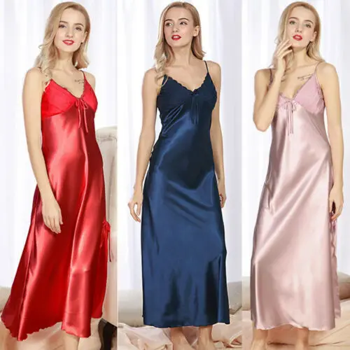 

Ladies Sexy Faux Silk Satin Long Night Dress Sleeveless V-neck Bow Nightgown Strappy Nightdress Lace Sleepwear Nightwear