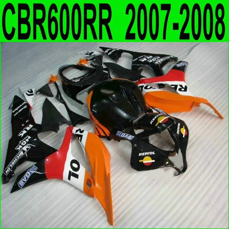Подходит литье под давлением обтекатель комплект для Honda CBR600RR 07 08 оранжевые черные обтекатели комплект CBR600RR 2007 2008 BY58