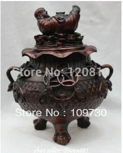 

9" China Purple Bronze Happy Laugh Buddha Statue Money Incense Burner Censer