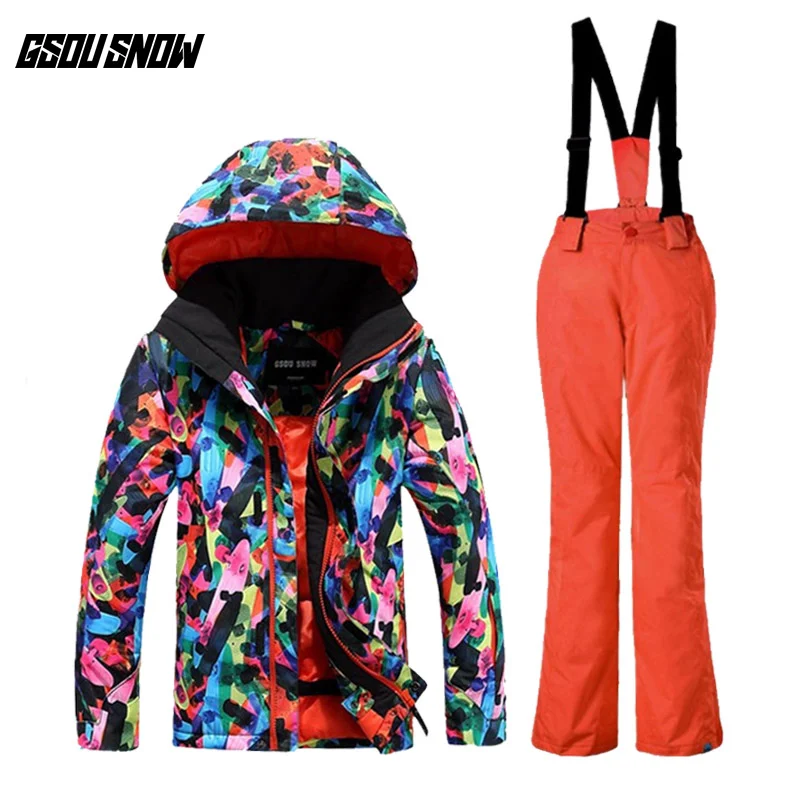 

GSOU SNOW Children's Ski Suit Winter Waterproof Windproof Breathable Warm Ski Jacket Ski Suspender Trousers For Unisex Size XS-M