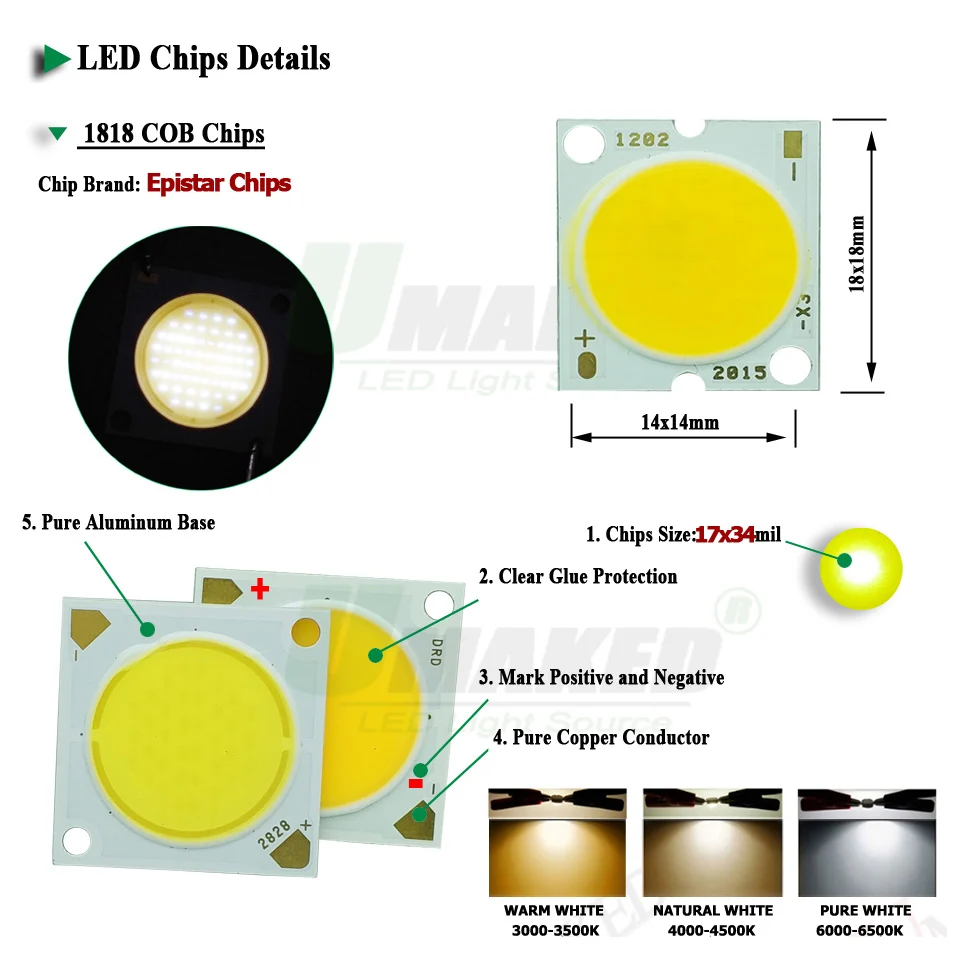 Светодиодные чипы 10 шт. 20 Вт 30 36 40 50 1818/1919/2525 мм Epistar Ra&gt95 17x34mil диод SMD COB потолочные