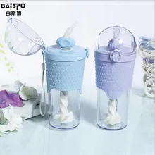 BAISPO 500 ml botella de agua portátil proteína shaker mixer estribo de paja de plástico deporte hervidor de leche batido de café al aire libre