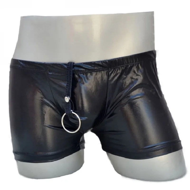 

Black Male faux leather trunk low-waist sexy men's rings panties cool boxers