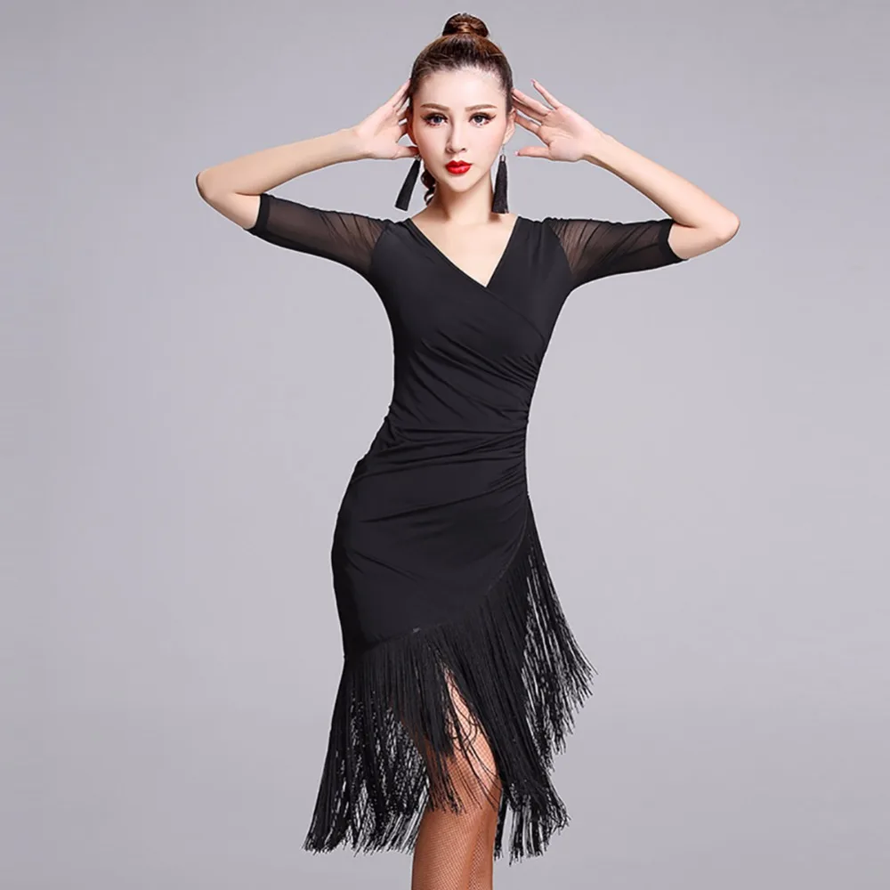 2017 Ladies Latin Dance Dress Women Black Stage Costumes Tassel Salsa V-Neck Rumba/Samba Salsa Perform Fitness Dancewear MD7121 2017 Ladies Latin Dance Dress Women Black Stage Costumes Tassel Salsa V-Neck Rumba/Samba Salsa Perform Fitness Dancewear MD7121