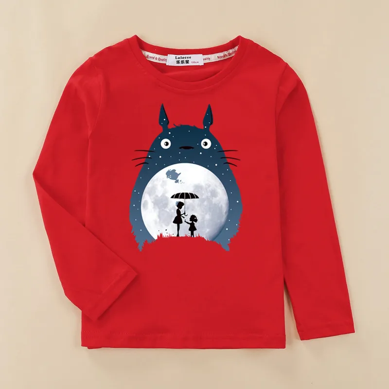 Детская футболка с 3D-принтом «звездное небо Тоторо», новые весенние хлопковые топы для мальчиков и девочек, одежда для малышей 4-14 лет, футболка с длинными рукавами и принтом кота из мультфильма - Цвет: Red
