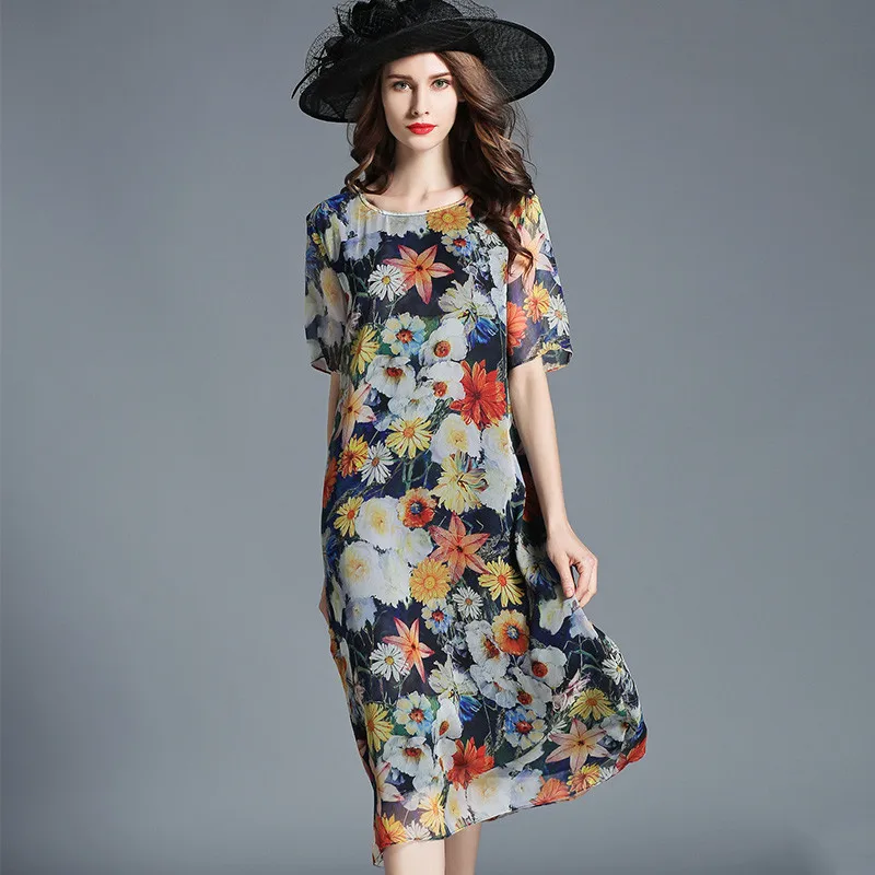 Европейское платье высокого качества, винтажное платье, женская одежда, шелковое платье с цветочным рисунком, Ретро стиль, o-nck, половина рукава, свободные женские платья fyy463