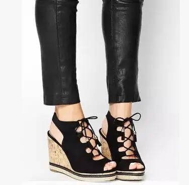 

Customize Small Size 30 31 32 33 2 3 Women Platforms Sandles Girls Cross Lace-Up Flock Pumps Lady Peep Toe Cut-Outs Wedges Shoes