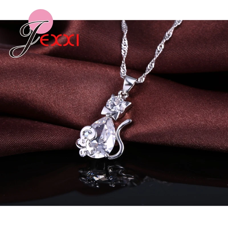 Модные 925 пробы серебряные женские ожерелья и серьги в форме милого кота, ювелирный набор с кристаллами, красивые вечерние подарки на свадьбу