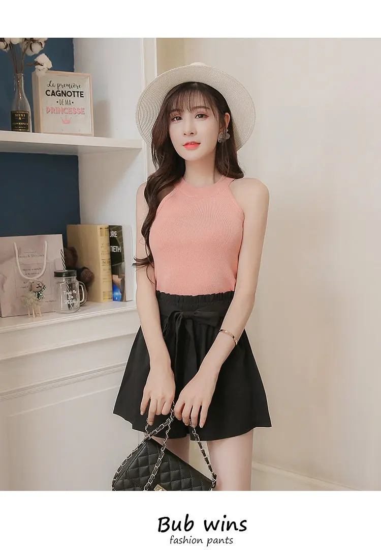 Summer Fashion Women Shorts High Waist Brown Chiffon Shorts Female Bow Elastic Waist Wide Leg Shorts Ladies Cortos Mujer 2018 (9)