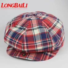 Красные клетчатые Восьмиугольные шляпы для мужчин, берет для отдыха, шапки газетчика, шляпы с плоским верхом, PBFE007