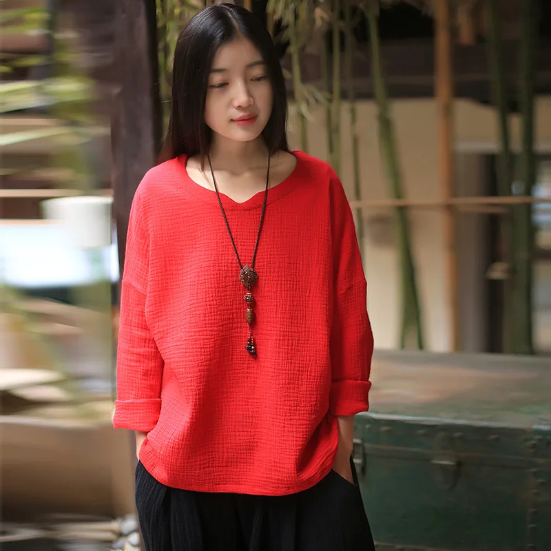 

Johnature 2019 Spring New Vintage Top Women Cotton Linen T-Shirt Vintage Casual Brief Women Clothes Full Sleeve T-Shirt Female