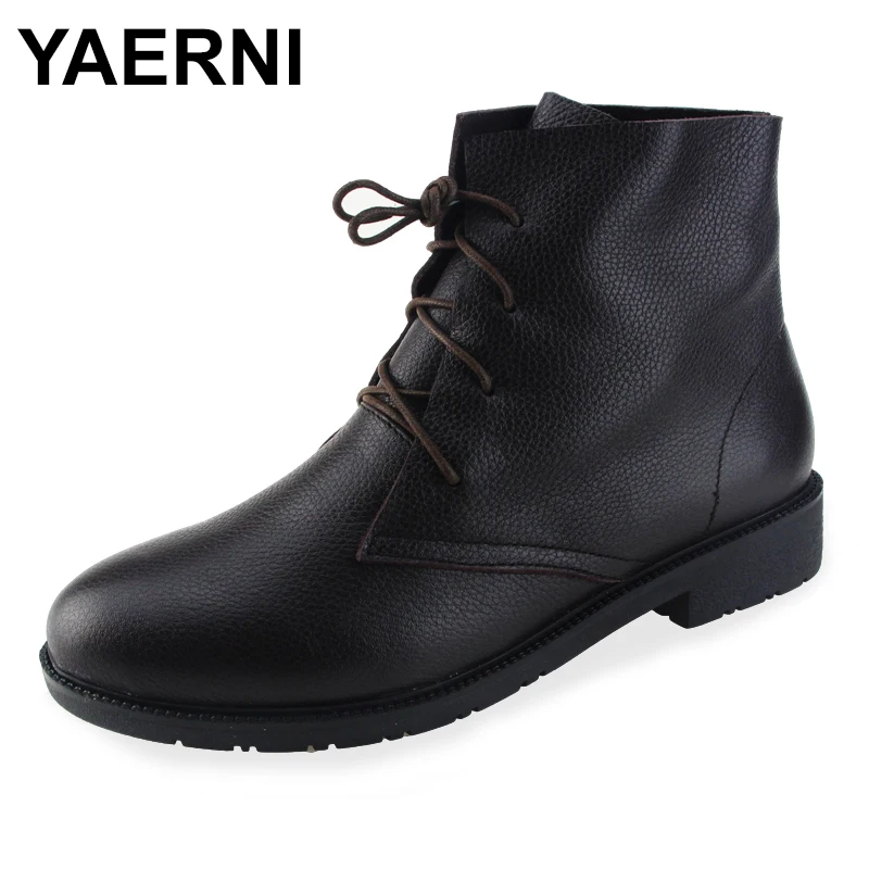 

YAERNI Women Shoes Boots Flat 100% Authentic Leather Ladies Ankle Boots Lace up Motorcycle Boots Woman Autumn/Winter Footwear