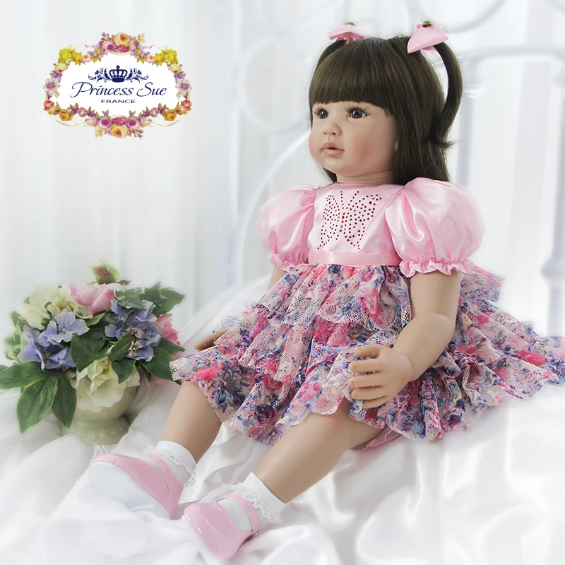 

22 inch Boneca Reborn Bebe Girl Doll Pink Luxury Princess Dress Brown Eyes Soft Silicone Vinyl Reborn Baby Doll Girls' Toys