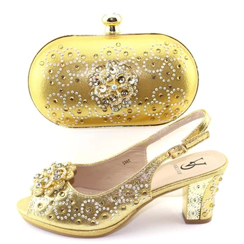 

High quality gold sandal shoes and clutches bag with many stones fashion nice italian shoes and bag set 2019 free ship SB8393-1
