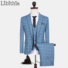 Пиджак+ брюки+ жилет) новые поступления Костюмы Для мужчин синий плед деловой блейзер Модные брендовый костюм Homme свадебное платье большой Размеры M-5XL S155