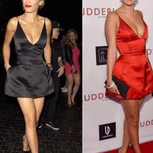 Сексуальное платье с v-образным вырезом и бретельками, оранжевое, красное сатиновое платье А-силуэта, короткое платье знаменитостей, Selena Gomez, платья с красной ковровой дорожкой