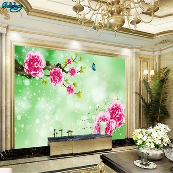 

beibehang Large custom aesthetic dream green green pink peony TV living room bedroom home decoration