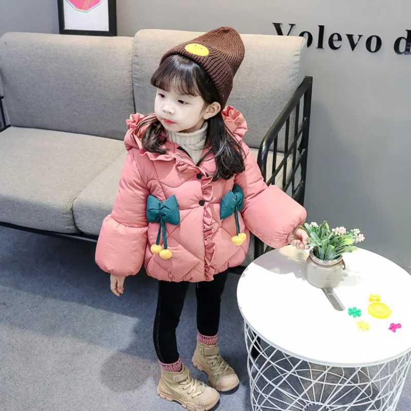 

Princess Style Bowknot Winter Parka Jackets For 2-6 Age Kids Girls Cotton Padded Coat Warm Ruffles Hooded Snow Coat Outerwear
