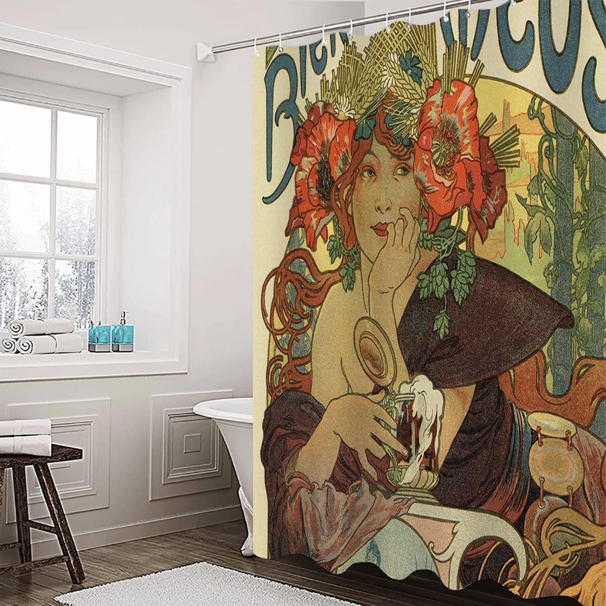 Alfons Mucha Art Nouveau пиво Ad удлиненные тканевые занавески для ванной, декоративные наборы для ванной комнаты с крючками