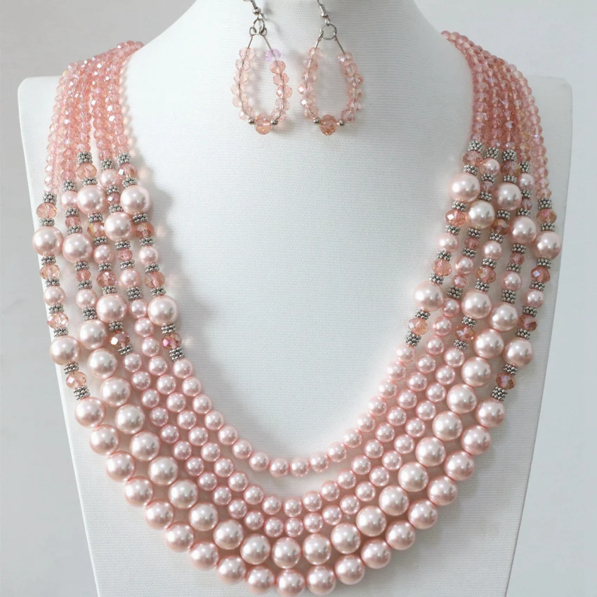 Top quality pink round shell simulated-pearl 5 rows necklace glass crystal earrings for women free shipping jewelry set B983-16
