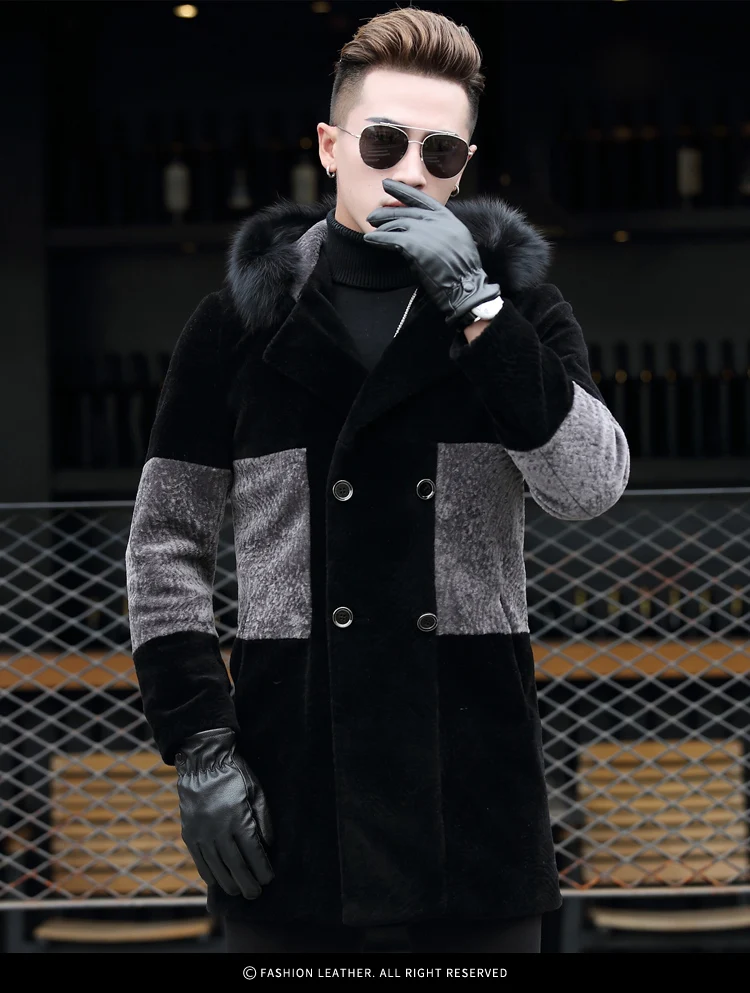 AYUNSUE, мужское пальто из натурального меха, Овечья овчина, мужская зимняя куртка, кожаная куртка с капюшоном, воротник из лисьего меха, ветровка, длинное шерстяное пальто 8725 KJ814