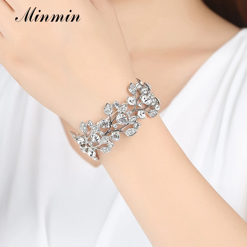 Helloblack Minmin Crystal Leaf Silver Color Bridal Bracelets for Women Wedding Jewelry Bracelets Bangle Accessory Helloblack Minmin Crystal Leaf Silver Color Bridal Bracelets for Women Wedding Jewelry Bracelets Bangle Accessory
