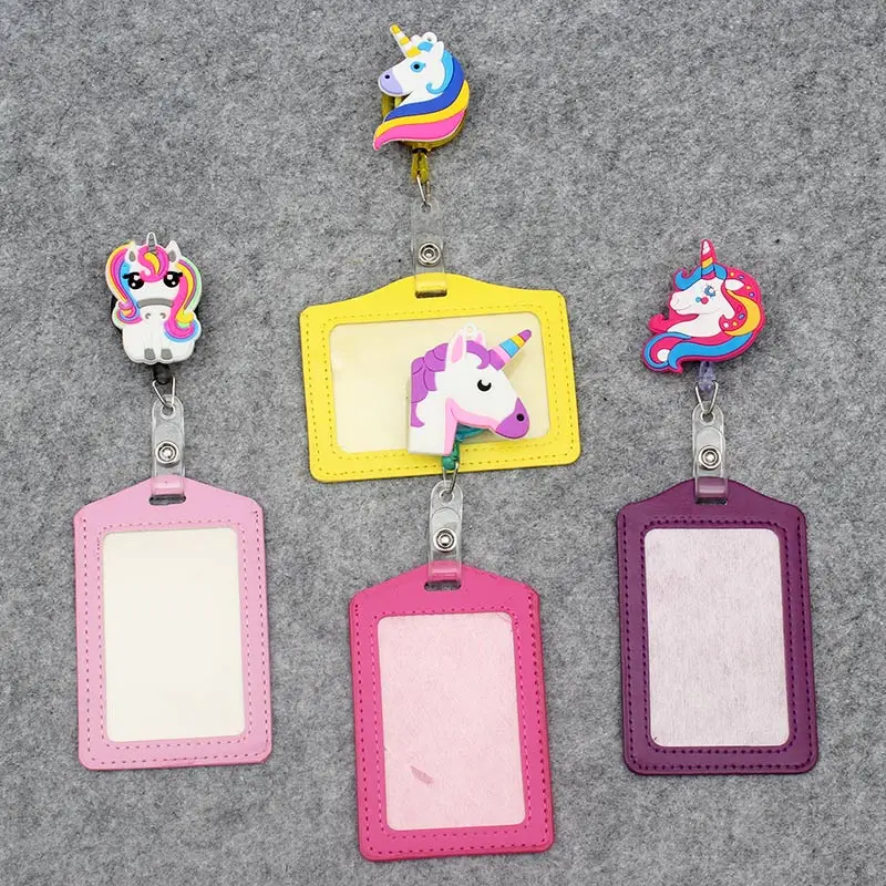 

Colors Cute Unicorn Retractable Badge holder Clip Id Card Holder Cartoo Porta Badge Reel Name PU Business Card Badge Holder