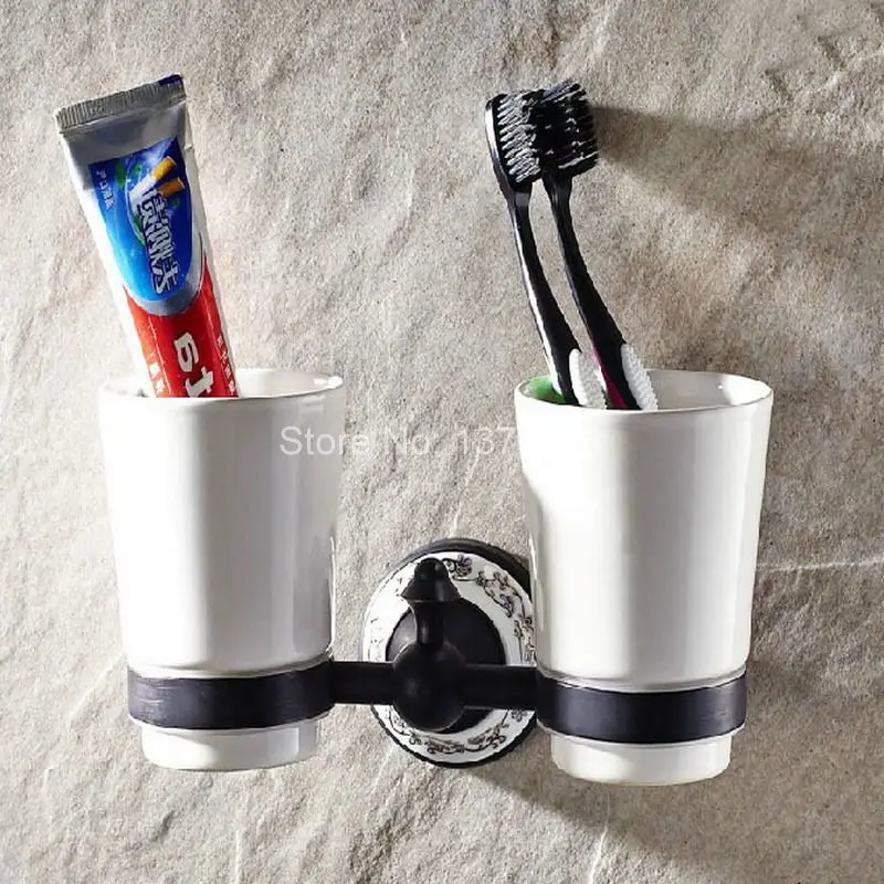 Dark Black Oil Rubbed Bronze Wall Mounted Double Tumbler Holder White Ceramics Toothbrush Cup Bathroom Accessory aba291 black paint stainless steel bathroom toothbrush cup holder tumbler wall mounted